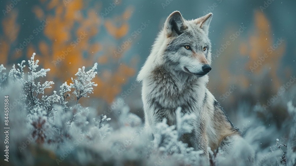 Fototapeta premium A wolf is standing in a field of snow and leaves