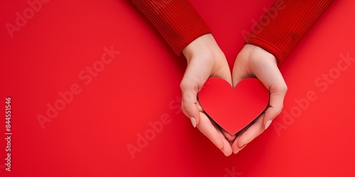 A pair of hands holding a red heart on a red background, reflecting love, passion, and human connection, wrapped in a simple and elegant composition. photo