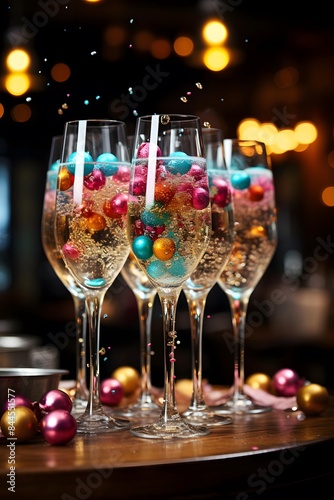 Glasses of champagne with colorful baubles on blurred background, closeup
