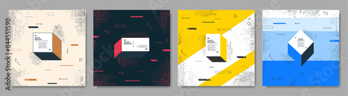 Vector abstract illustration. Neo memphis pattern banner collection with halftone dotted elements. Flow graphic shapes. Vibrant color quote frames. Design elements for web banner, social networking