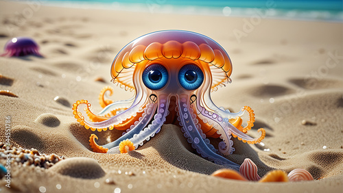 Beach summer panoramic background with big eye cute Jellyfish on the sand photo