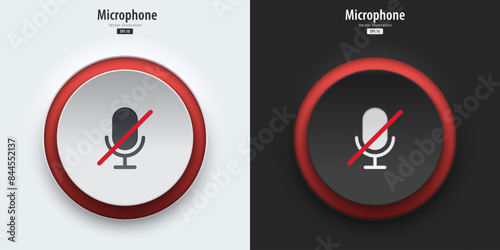 Microphone sign. A set of black and white push buttons with stop microphone symbols. 3D Neumorphism design style for Apps, Websites, Interfaces, and mobile apps. UI UX. Vector illustration.