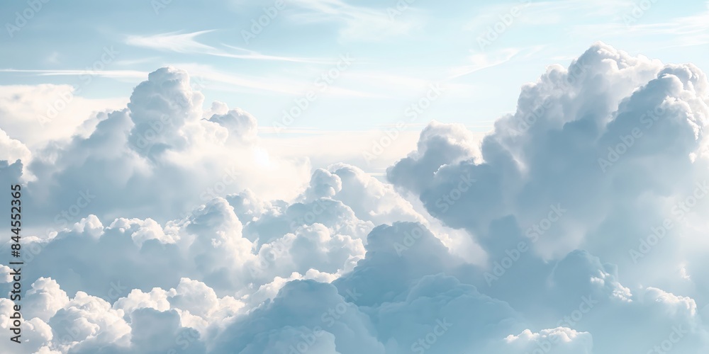 Fototapeta premium An image depicting an expansive sky filled with clouds, showcasing soft light and gentle shadows, creating a dreamy and ethereal atmosphere that evokes tranquility and peace.
