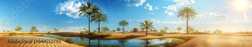 Wallpaper Mural sunset over the sea, Desert Oasis Exotic blurred background image of a desert oasis with palm trees, a small pond, and the blue sky with the sun shining brightly.  Torontodigital.ca