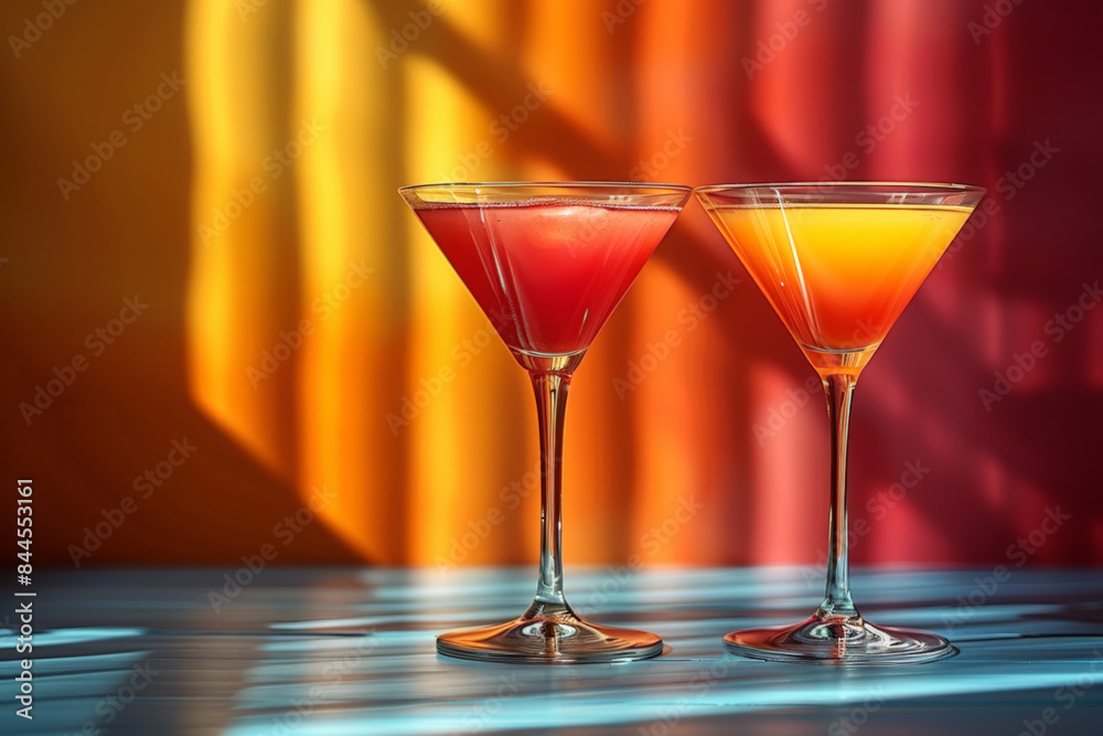 Two colorful cocktails on a blue table