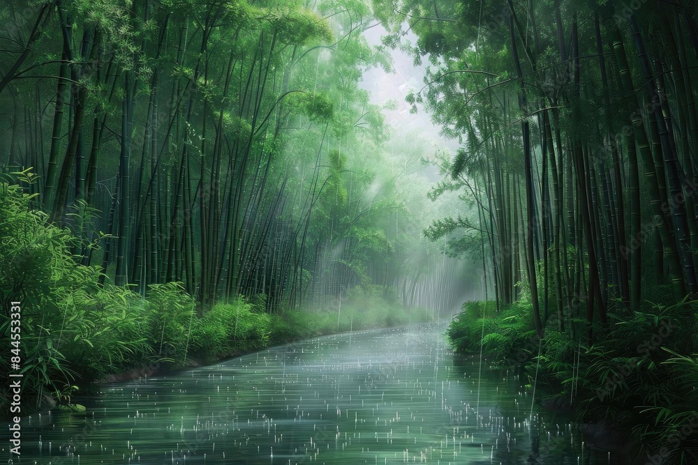 Obraz premium Serene bamboo forest landscape with a peaceful river flowing through, captured during a gentle rain, evoking tranquility and natural beauty.