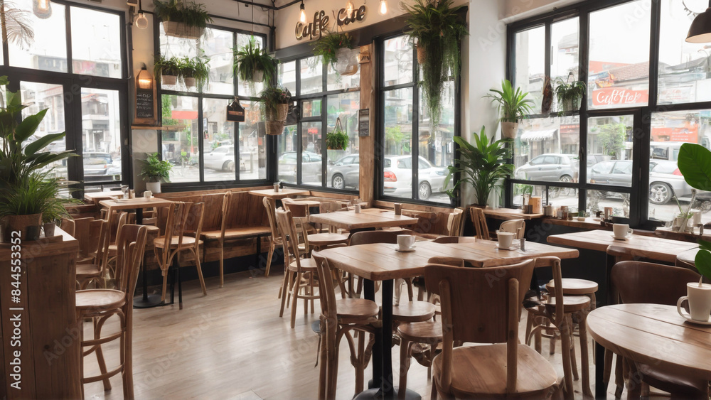 Cozy and inviting café interior with rustic wooden furniture and large windows allowing natural light to flood the space. The café features wooden tables and chairs, a row of high stools along the win Cozy and inviting café interior with rustic wooden furniture and large windows allowing natural light to flood the space. The café features wooden tables and chairs, a row of high stools along the win