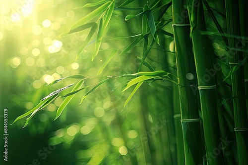 Serene green bamboo forest with sunlight filtering through, highlighting the fresh, vibrant leaves and sturdy bamboo stalks in natural beauty.