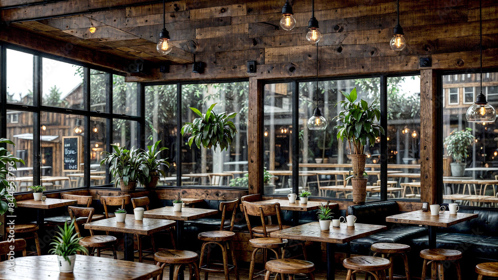 Cozy and inviting café interior with rustic wooden furniture and large windows allowing natural light to flood the space. The café features wooden tables and chairs, a row of high stools along the win Cozy and inviting café interior with rustic wooden furniture and large windows allowing natural light to flood the space. The café features wooden tables and chairs, a row of high stools along the win