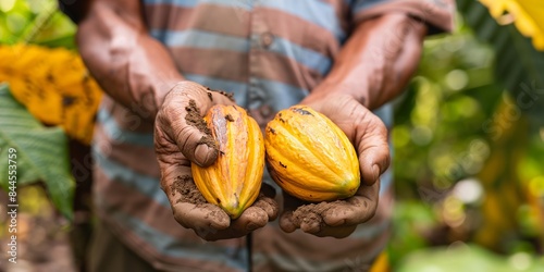 Hands of a person are holding a split yellow cocoa pod in a lush green plantation, symbolizing the intimate connection and meticulous attention required in cocoa cultivation and harvesting. photo