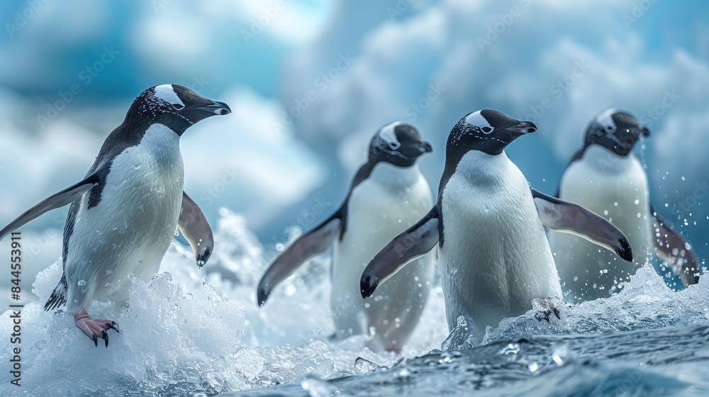 Obraz premium A group of penguins are swimming in the ocean. The penguins are in the water and are splashing around