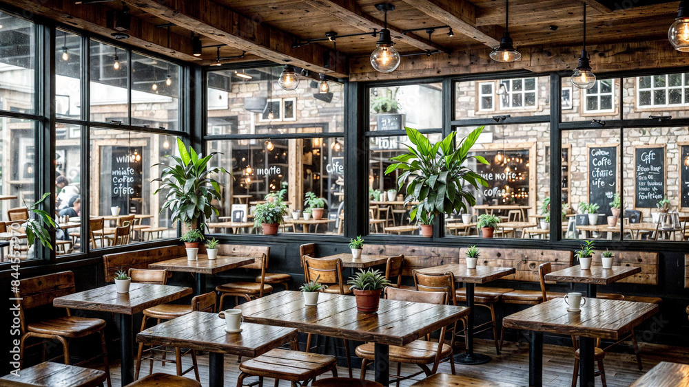 Cozy and inviting café interior with rustic wooden furniture and large windows allowing natural light to flood the space. The café features wooden tables and chairs, a row of high stools along the win