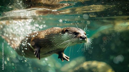 Otter Swimming Underwater in Clear River photo