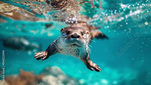 Otter Swimming Underwater in Clear River photo