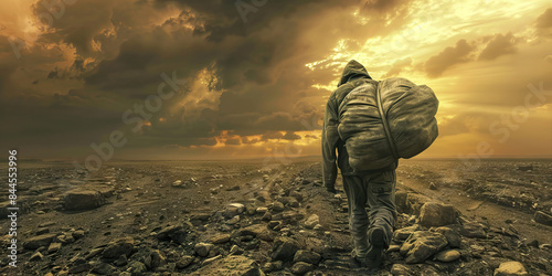 The Weight of Desolation: A Study in Suffering. person carrying a heavy burden, symbolizing the weight of emotional pain and desolation