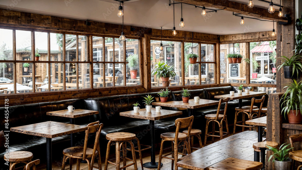 Cozy and inviting café interior with rustic wooden furniture and large windows allowing natural light to flood the space. The café features wooden tables and chairs, a row of high stools along the win