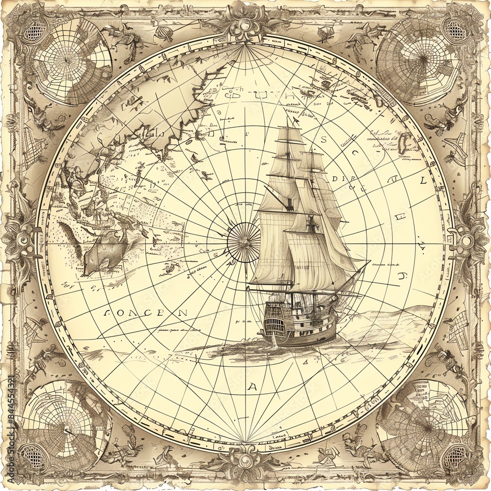 Fototapeta premium Vintage world map illustration with an old sailing ship at the center, surrounded by intricate navigational and geographical details.