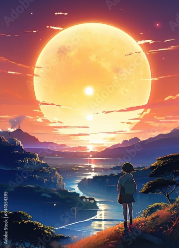 illustration of a lone person at night by moonlight in anime and cartoon style.