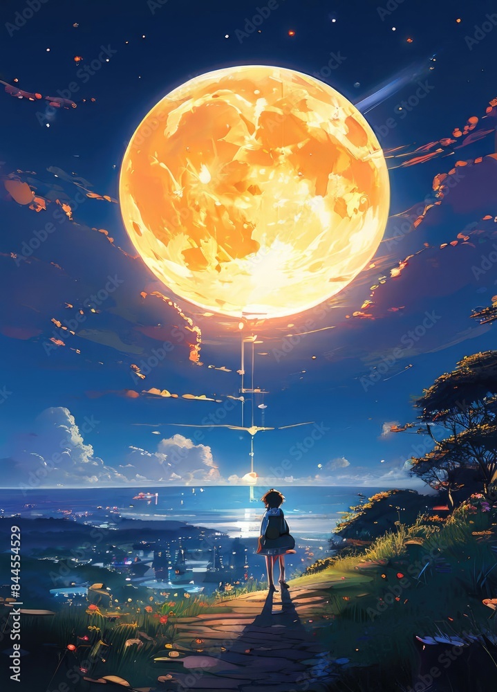 Fototapeta premium illustration of a lone person at night by moonlight in anime and cartoon style.