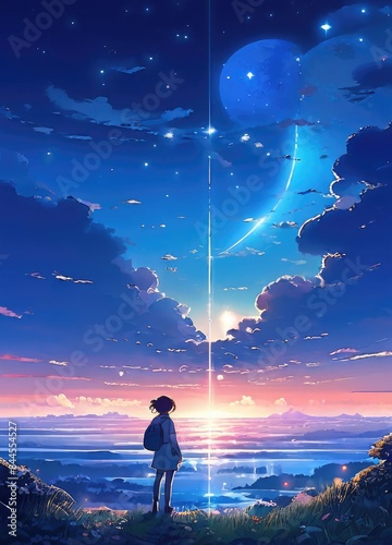 illustration of a lone person at night by moonlight in anime and cartoon style.