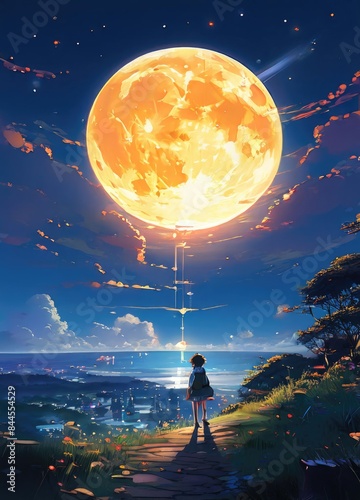 illustration of a lone person at night by moonlight in anime and cartoon style.