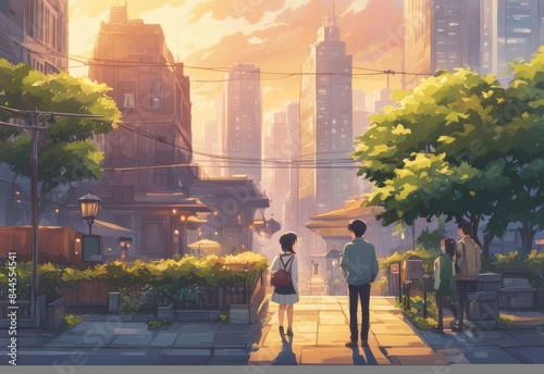 an Indian boy and girl discussing with each other while smiling kindly in a city with anime and cartoon style