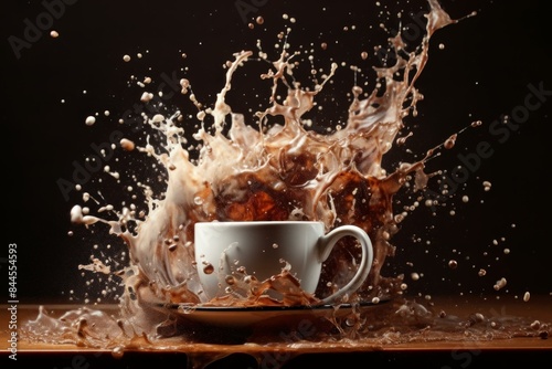 Dynamic image capturing an explosive splash of coffee and milk overflowing from a white cup