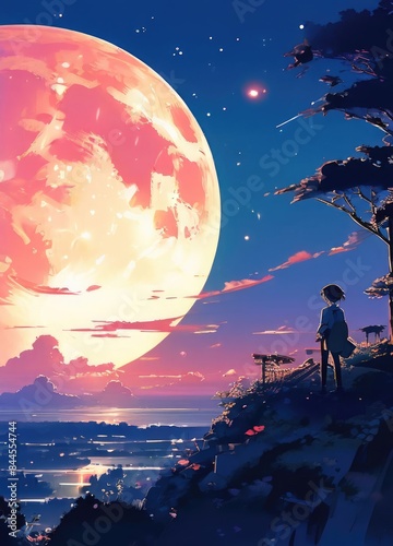 illustration of a lone person at night by moonlight in anime and cartoon style.