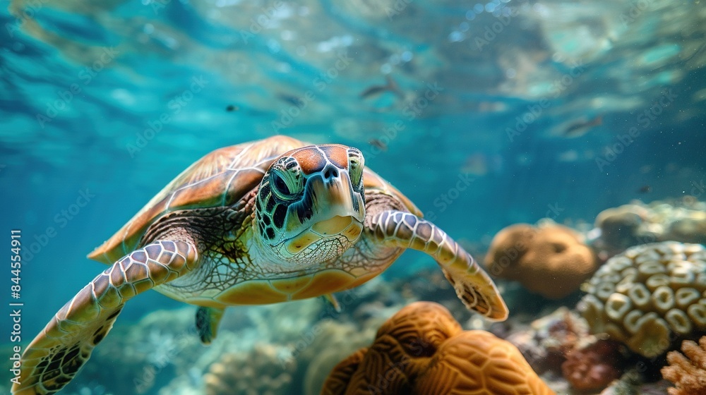 Obraz premium A turtle swimming in the ocean with a coral reef in the background
