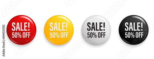 50 percent discount tag. 3D Round sticker badge with offer message. Advertising discounts symbol. Save money 50%. Discount label set for shopping marketing, and advertisement. Vector illustration.