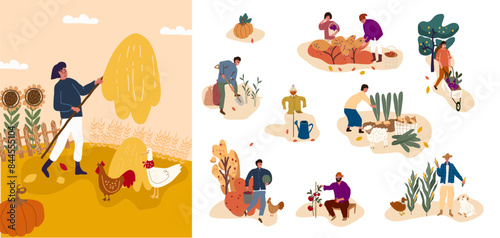 Illustration with icons autumn work in the garden, vegetable garden, harvest, vegetables, fruits, characters of people, activities.