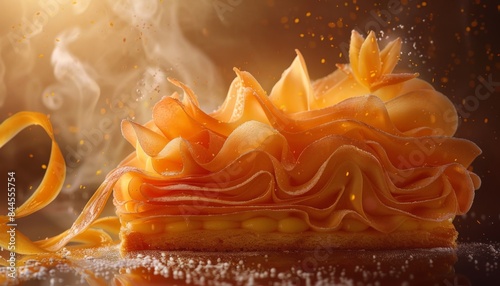 A close-up of a steaming, freshly baked dessert with a flaky crust and a creamy filling. The dessert is illuminated by warm light, creating a sense of warmth and indulgence. photo