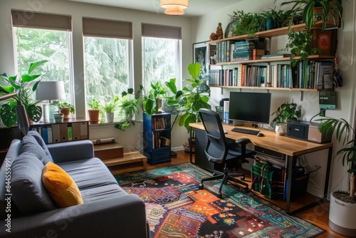 A home office with a dual purpose space where a desk setup shares the room with a living area demonstrating the balance of work and home life photo