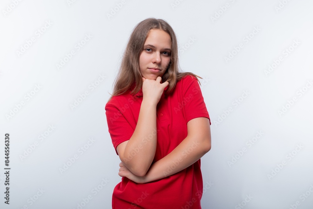 European teenage girl wearing a red T-shirt European teenage girl wearing a red T-shirt