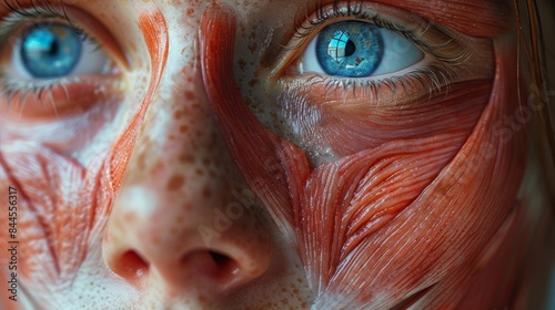 Woman showing facial muscles under skin for anatomy and beauty concept