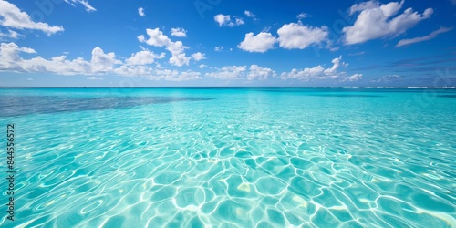 A stunning turquoise ocean stretches under a vibrant blue sky. The crystal-clear water reflects the sky, embodying tranquility and natural beauty.