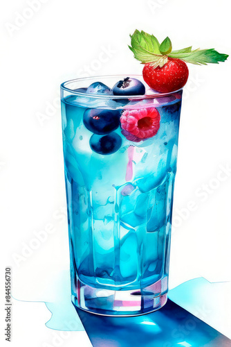 Fresh healthy cold berry drink hand painted in watercolor. Summer refreshing drink with blueberries, raspberries, strawberries and ice
