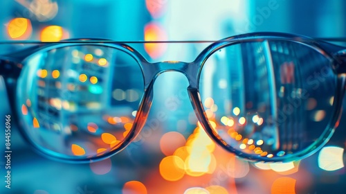 A pair of glasses with a city lights bokeh background. The glasses are in focus and the city lights are blurred. photo