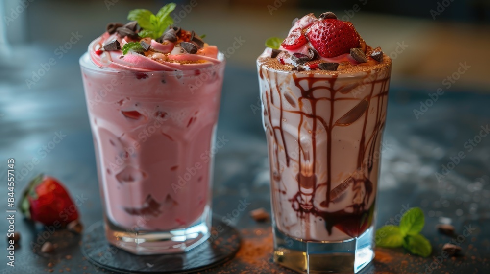 Menu of chilled beverages Blend of cocoa and strawberry drinks served in frosty glassware including a pink milk cocoa option Menu of chilled beverages Blend of cocoa and strawberry drinks served in frosty glassware including a pink milk cocoa option