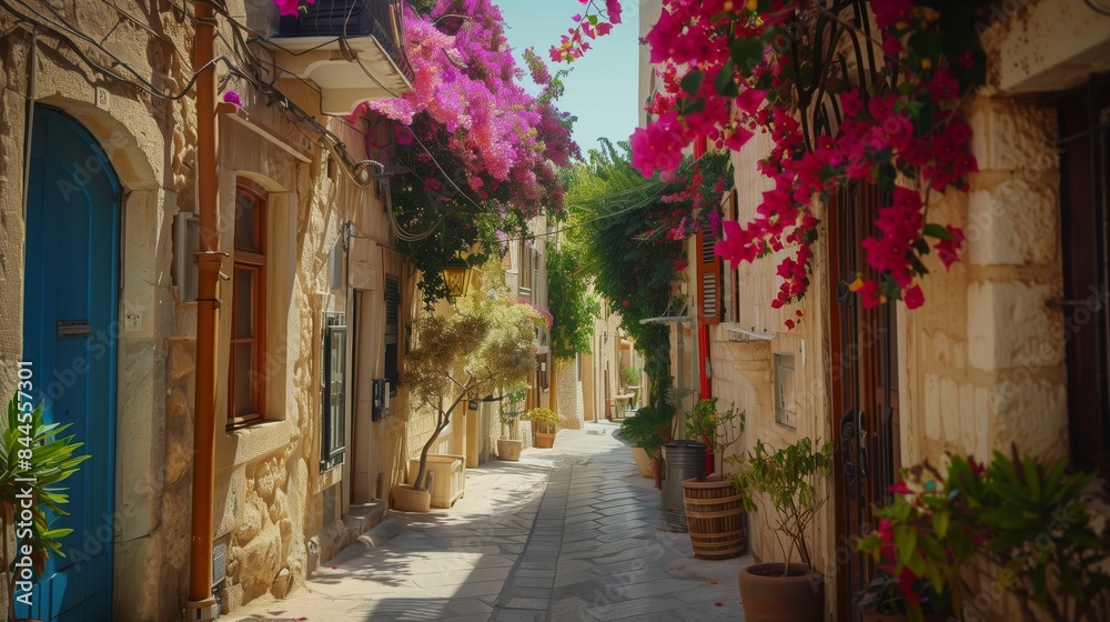 A narrow alley in an ancient Mediterranean town, with vibrant Bougainvillea and cobblestones, invites exploration.