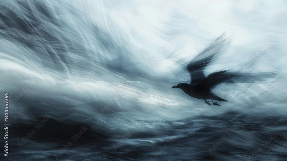 Fototapeta premium A single seagull soars through a stormy sky, its wings cutting through swirling clouds