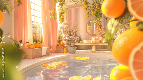 A visually striking scene where the refreshing aroma of citrus fruits mingles with the tranquil ambiance of a beauty salon, offering women a rejuvenating escape through citrus-infu photo