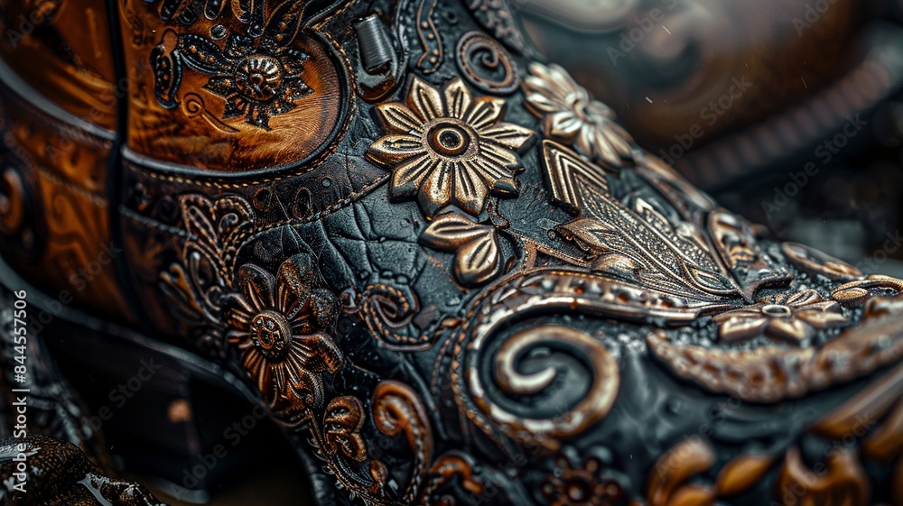 Obraz premium Explore the artistry and precision in the intricate details of a boot spur, showcasing the exquisite craftsmanship and design of the metalwork, a perfect blend of tradition and style.