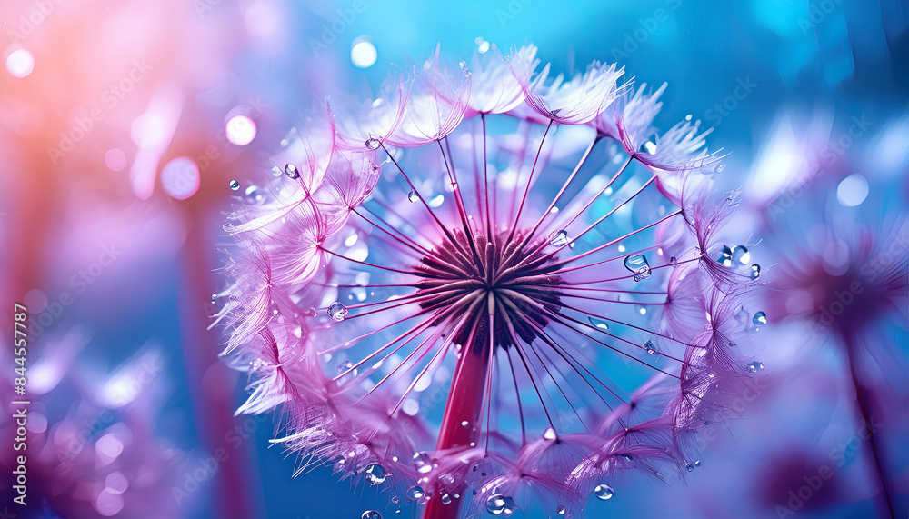 Pink Dandelion With Dew Drops in Soft Light Pink Dandelion With Dew Drops in Soft Light