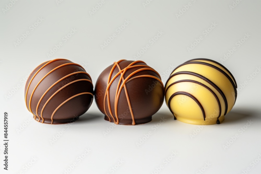 Obraz premium Elegant chocolate truffles with striped patterns, perfect for a sophisticated and delightful dessert experience