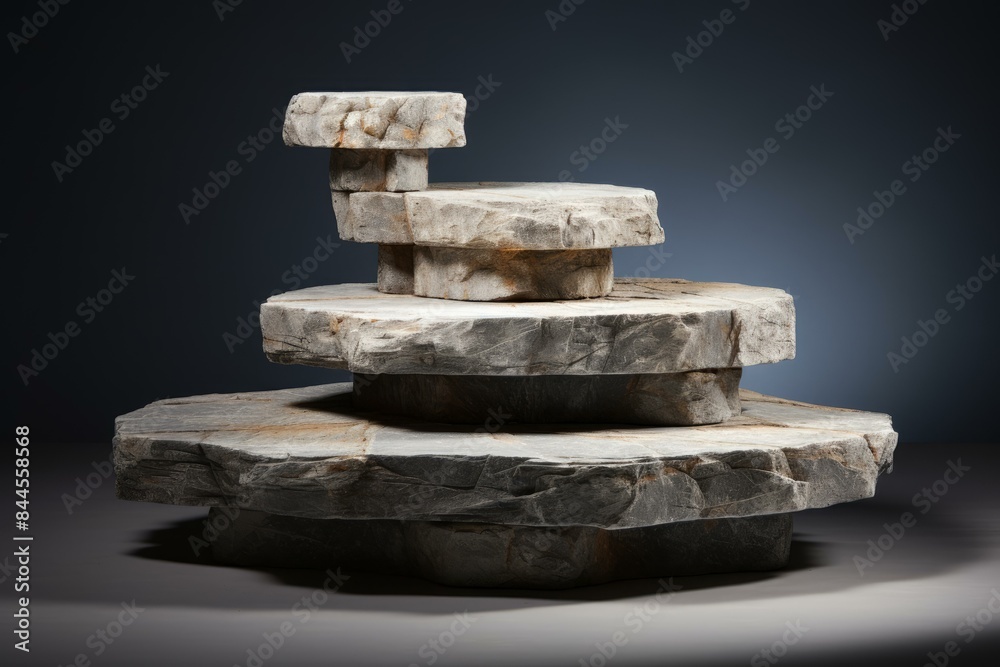 Contemporary stone art piece in a balanced composition against a smooth gradient backdrop