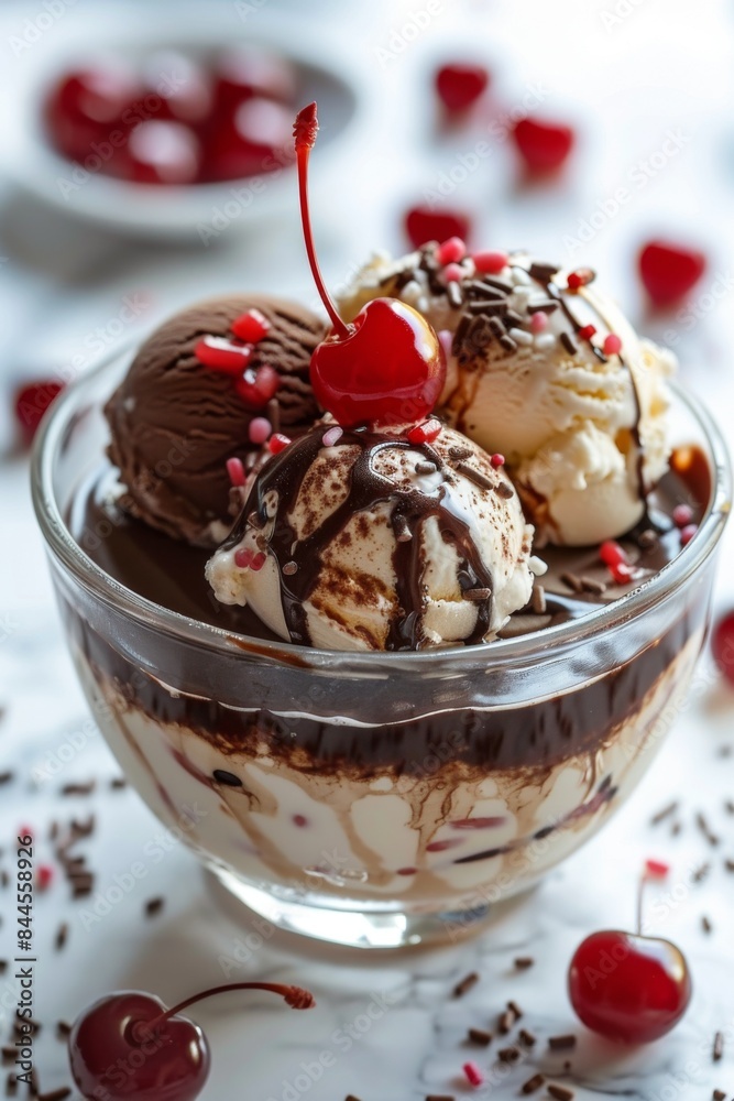 Ice Cream Sundae: A classic sundae with vanilla, chocolate, and strawberry ice cream, topped with chocolate sauce, whipped cream, and cherries. Ice Cream Sundae: A classic sundae with vanilla, chocolate, and strawberry ice cream, topped with chocolate sauce, whipped cream, and cherries.