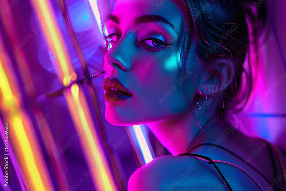 A beautiful girl posing elegantly against a vibrant neon background, creating a stunning and modern visual effect. A beautiful girl posing elegantly against a vibrant neon background, creating a stunning and modern visual effect.