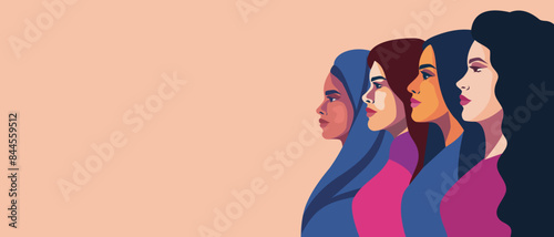 banner for Women's Day, strong women of different beauty and culture nationalities stand together. Vector concept of movement for gender equality and women's empowerment