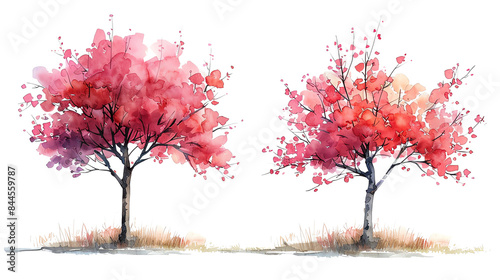 Two pink trees with a white background, the image is soft and painterly.